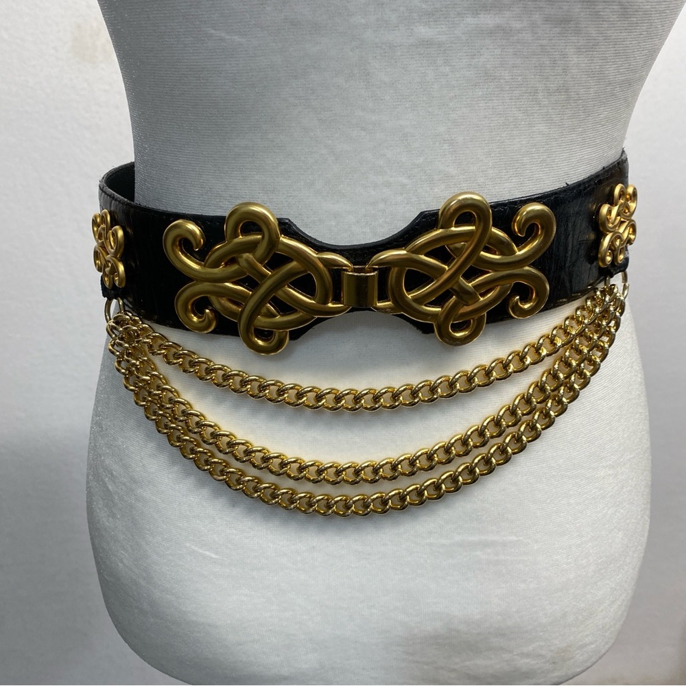 Vintage Avignon Black Leather Belt with Gold Chain Draping